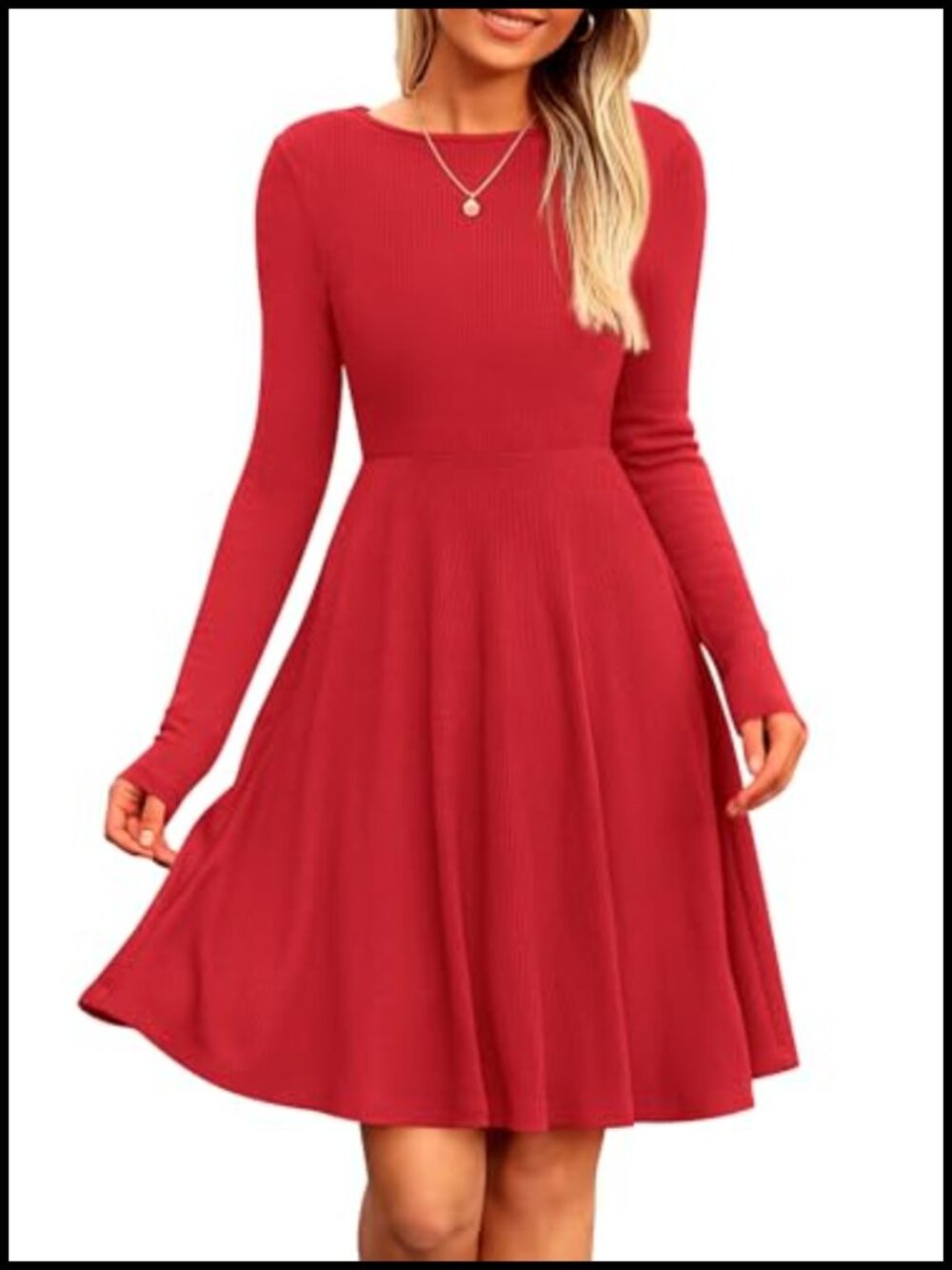Ribbed Knit Long Sleeve A-Line Mini Sweater Dress Crewneck Stretch Casual - Picture 1 of 6